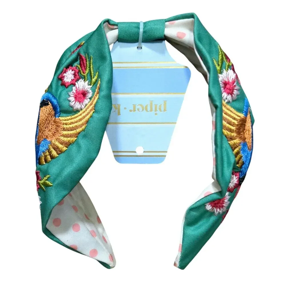 Piper-K Headband Green Fabric Colorful Embroidered Hummingbird Motif NWT